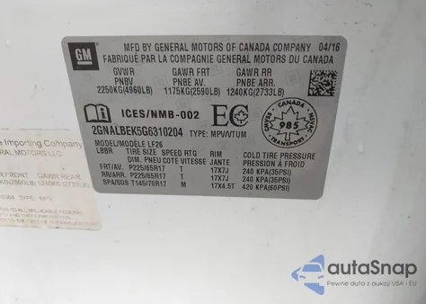 2016 Chevrolet Equinox L/Ls z USA, uszkodzony, nr VIN 2GNALBEK5G6310204